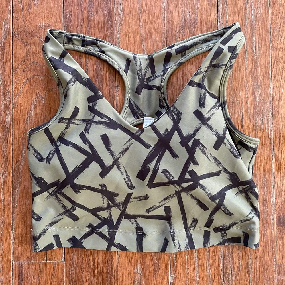 Olive green and black longline sports bra
